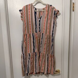 LOFT Striped Tiered Dress in Coral, Navy & Brown